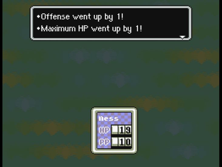 Ness's stats increase upon leveling up after a battle.