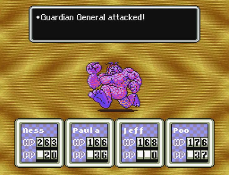 Read the stats and strategies for defeating the Guardian General from EarthBound, a game by Shigesato Itoi for the Super NES.