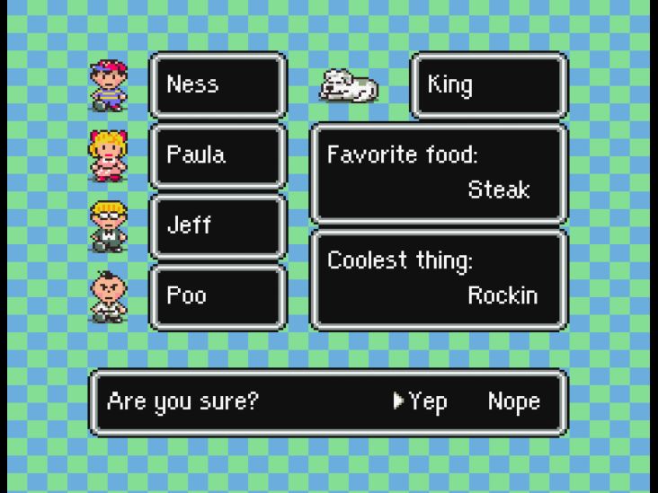 The confirmation screen for naming your characters and things in EarthBound.