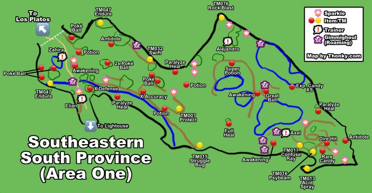 A map of the southeastern part of South Province (Area One) in Paldea, the region where Pokémon Scarlet and Violet take place.