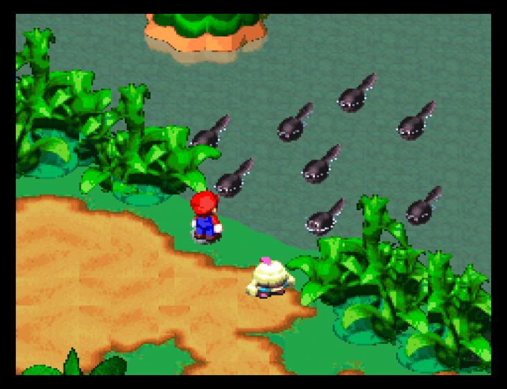 After you collect coins at Midas River, you arrive in Mallow's home, Tadpole Pond.