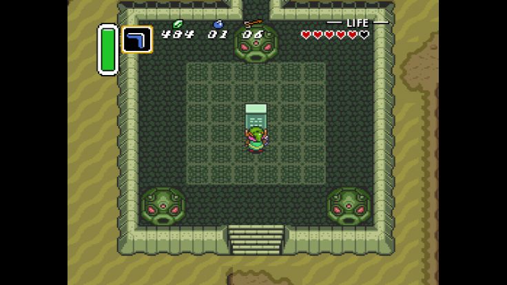 Link stands before the inscription at the entrance of the Desert Palace.