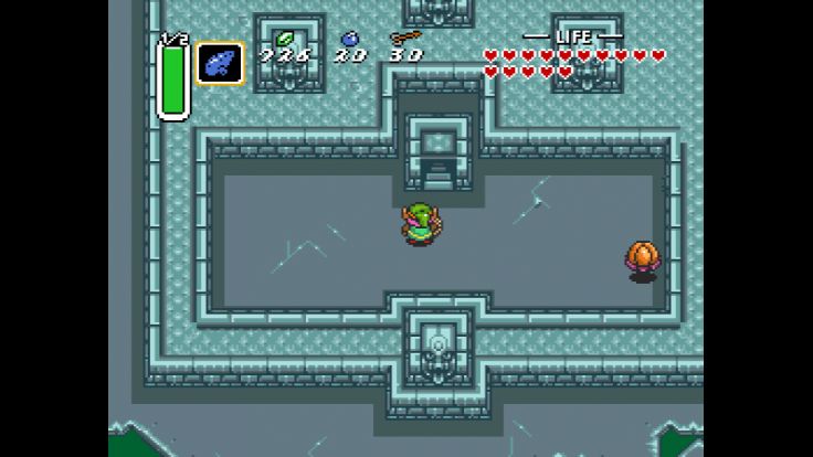 Link arrives in the enclosed entrance area of the Ice Palace in the Dark World.