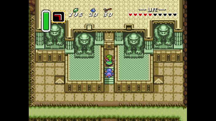 Link approaches the Palace of Darkness with Kiki the monkey.