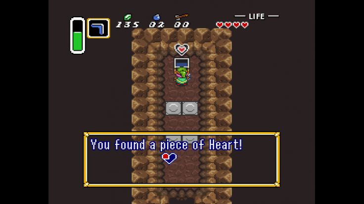 Link finds a Piece of Heart in an underground cave.