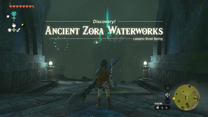 Under the East Reservoir Lake at the pillar of light, you discover the Ancient Zora Waterworks.