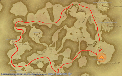 A map of the north and south routes that can be taken from Matter Conduit three to two, to the Guidance Node in Azys Lla in Final Fantasy XIV.