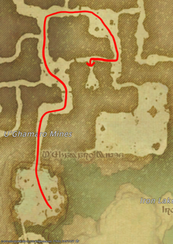 A map of the route to take through the U'Ghamaro Mines in Outer La Noscea for the quest The Beast That Mourned at the Heart of the Mountain in Final Fantasy XIV.