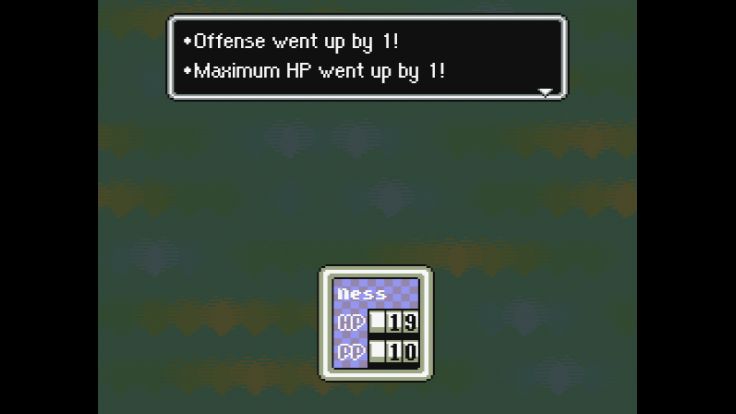 Ness's stats increase upon leveling up after a battle.