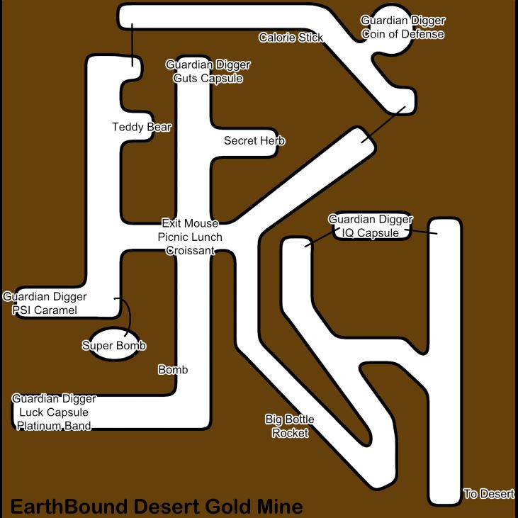 A map of the Desert Gold Mine in EarthBound.