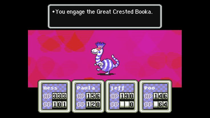 Read the stats and strategies for defeating the Great Crested Booka from EarthBound, a game by Shigesato Itoi for the Super NES.