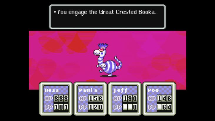 Read the stats and strategies for defeating the Great Crested Booka from EarthBound, a game by Shigesato Itoi for the Super NES.