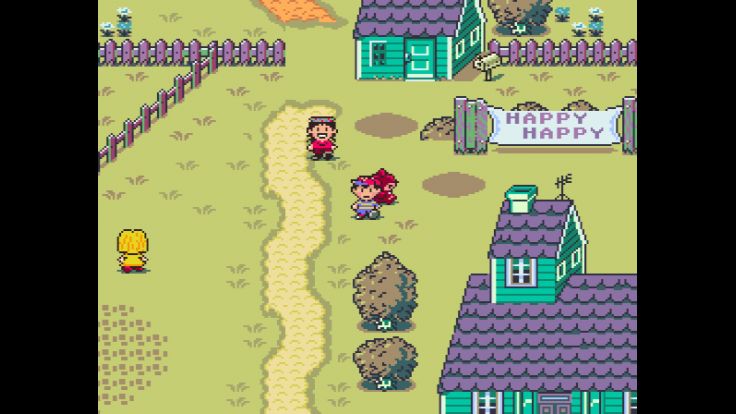 Ness arrives in Happy Happy Village after battling through enemies in Peaceful Rest Valley.