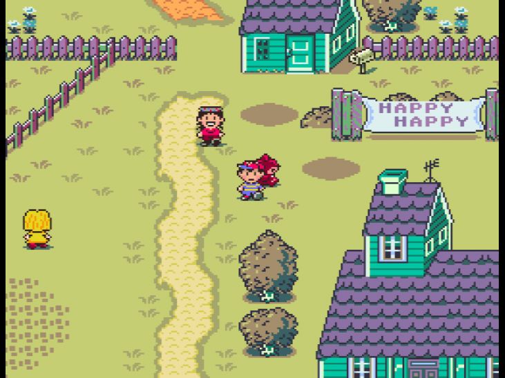 Ness arrives in Happy Happy Village after battling through enemies in Peaceful Rest Valley.