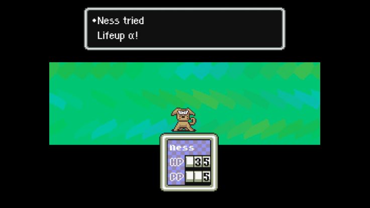 Ness uses Lifeup α during a battle against a Runaway Dog.