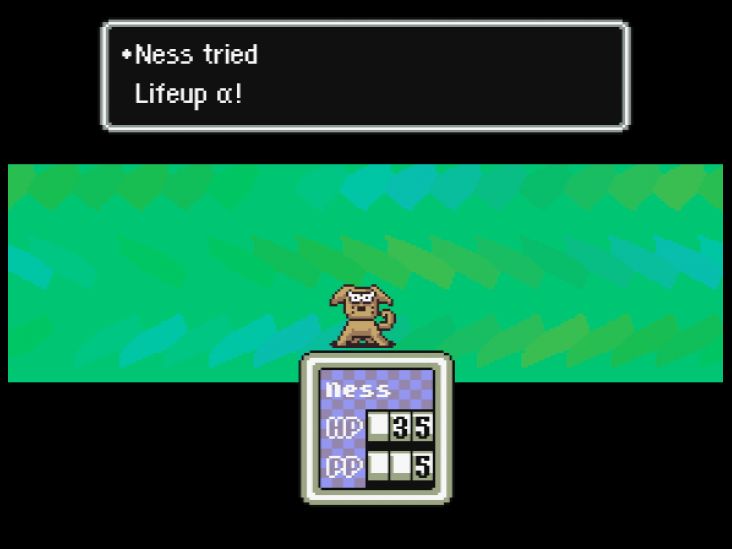 Ness uses Lifeup α during a battle against a Runaway Dog.