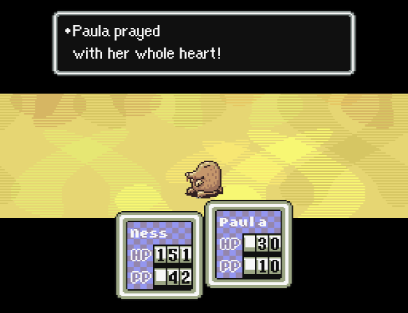 Paula prayed with her whole heart! Paula prays during a battle with a Mole Playing Rough.
