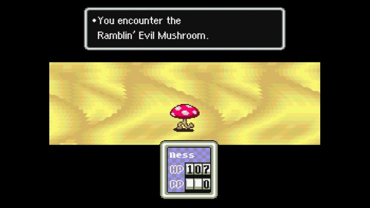 Read the stats and strategies for defeating the Ramblin' Evil Mushroom from EarthBound, a game by Shigesato Itoi for the Super NES.