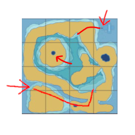 The red arrows show the two ways to get into the inside of the freshwater biome in Endless Ocean Luminous, with the well in the northwest corner. A map of the large freshwater biome from Endless Ocean Luminous, with the well in the northwest corner.