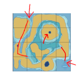 The red arrows show the two ways to get into the inside of the freshwater biome in Endless Ocean Luminous, with the well in the northwest corner. A map of the large freshwater biome from Endless Ocean Luminous, with the well in the northeast corner.