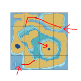 The red arrows show the two ways to get into the inside of the freshwater biome in Endless Ocean Luminous, with the well in the northwest corner. A map of the large freshwater biome from Endless Ocean Luminous, with the well in the southeast corner.