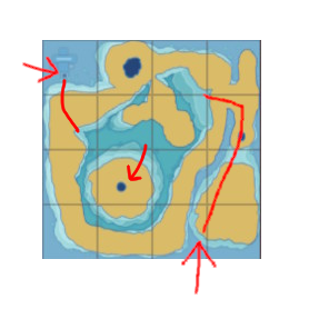 The red arrows show the two ways to get into the inside of the freshwater biome in Endless Ocean Luminous, with the well in the northwest corner. A map of the large freshwater biome from Endless Ocean Luminous, with the well in the southwest corner.