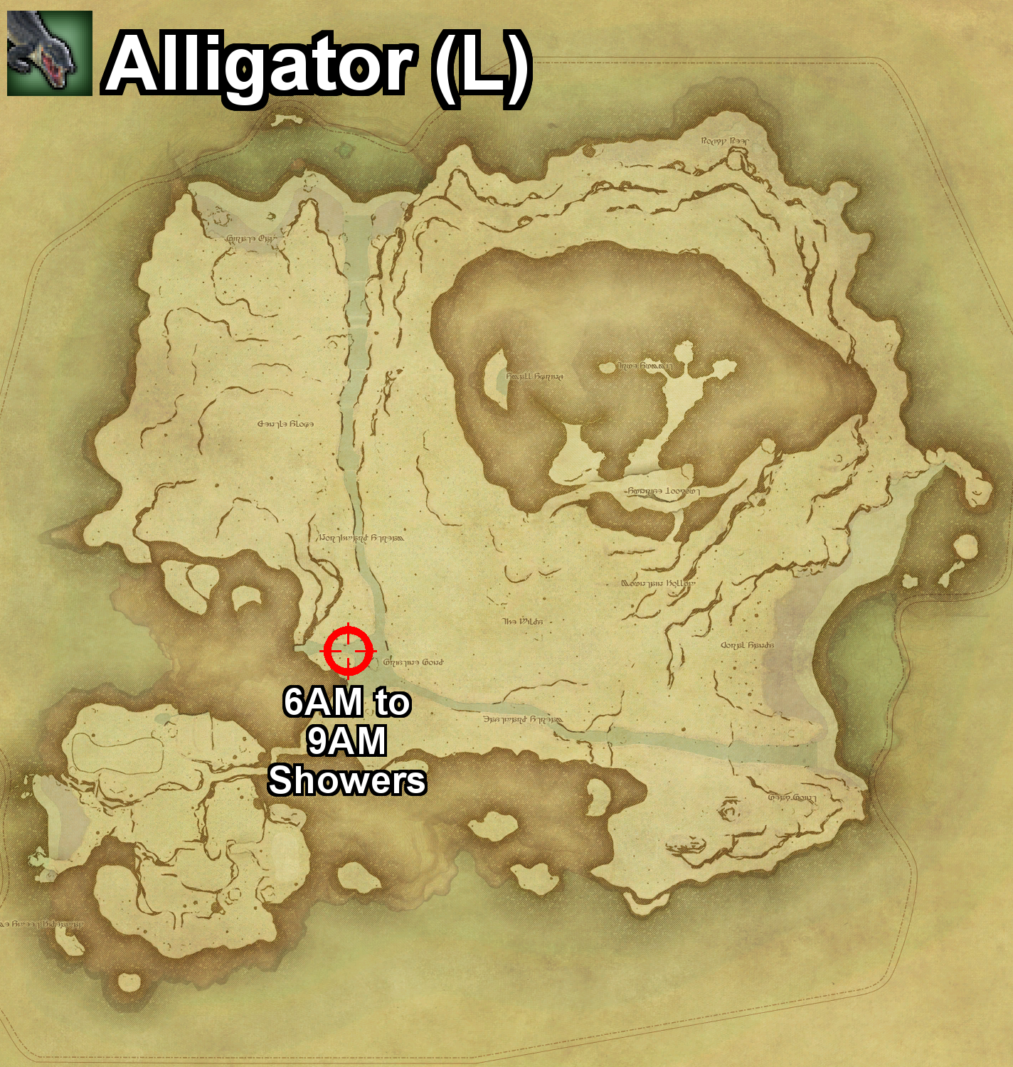 The location where the Alligator can be found, and the required conditions, on Island Sanctuary in Final Fantasy XIV.