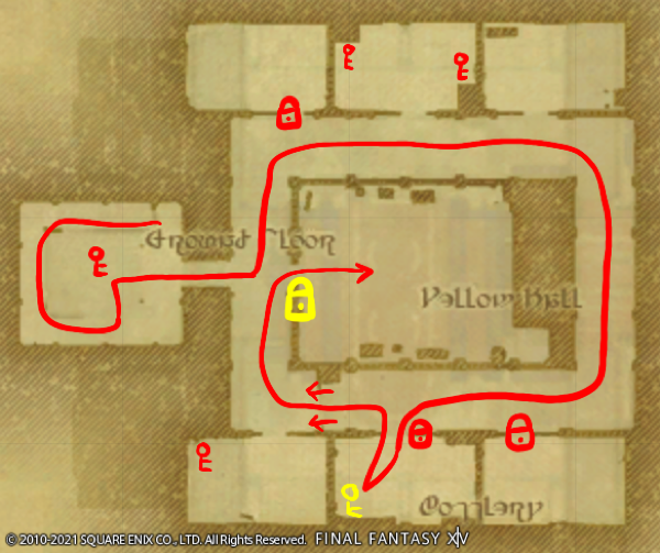 A map of the cellarage of Haukke Manor in Final Fantasy XIV.