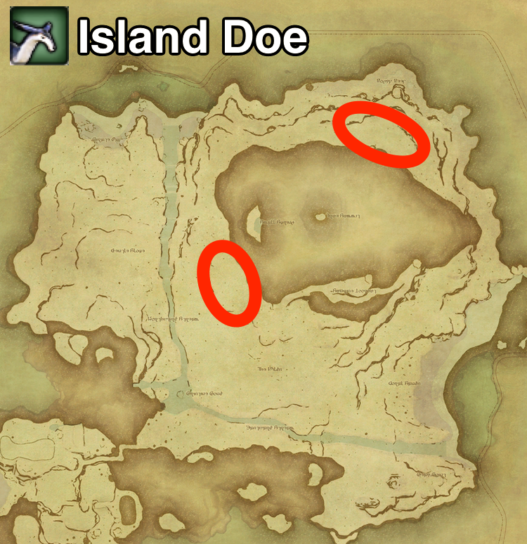 The locations where Island Doe can be found on Island Sanctuary in Final Fantasy XIV.