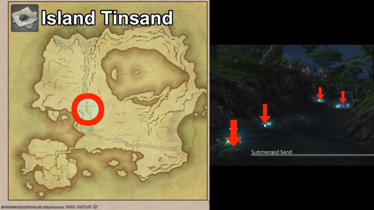 Map Location of Island Tinsand and picture of Submerged Sand
