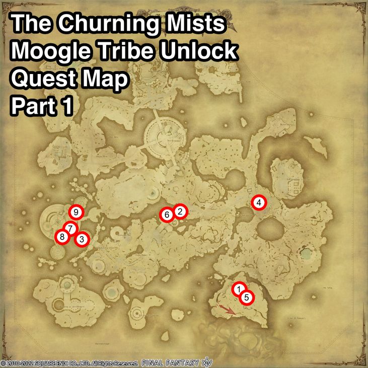 A map of the first quest locations to unlock the Moogle Tribe in Final Fantasy XIV.