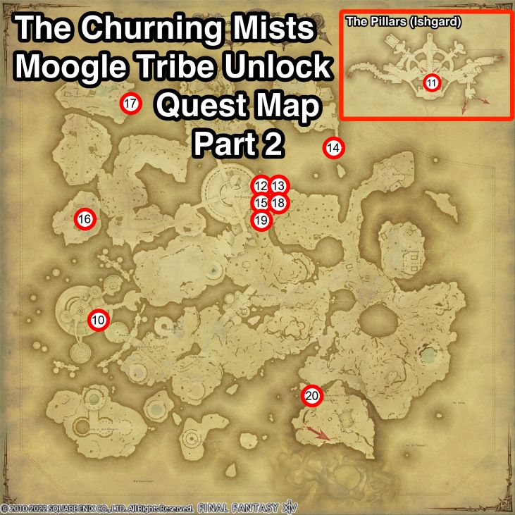 A map of the second quest locations to unlock the Moogle Tribe in Final Fantasy XIV.