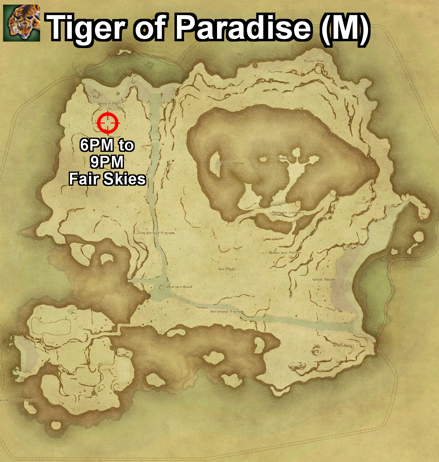 The location where the Tiger of Paradise can be found, and the required conditions, on Island Sanctuary in Final Fantasy XIV.