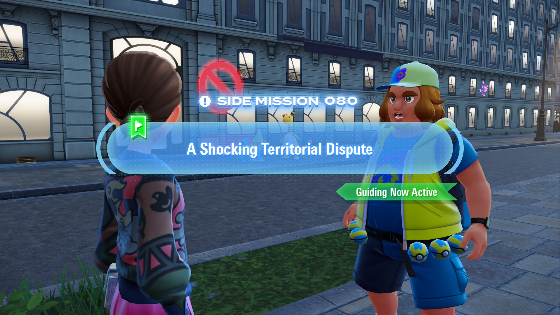 Amordél is worried about a Manetric and an Ampharos fighting in front of a Holovator.