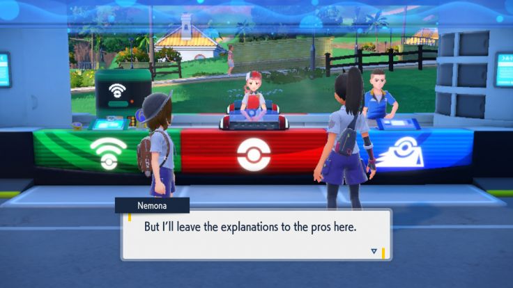 Nemona introduces you to the helpful people of the Pokémon Center at Los Platos.