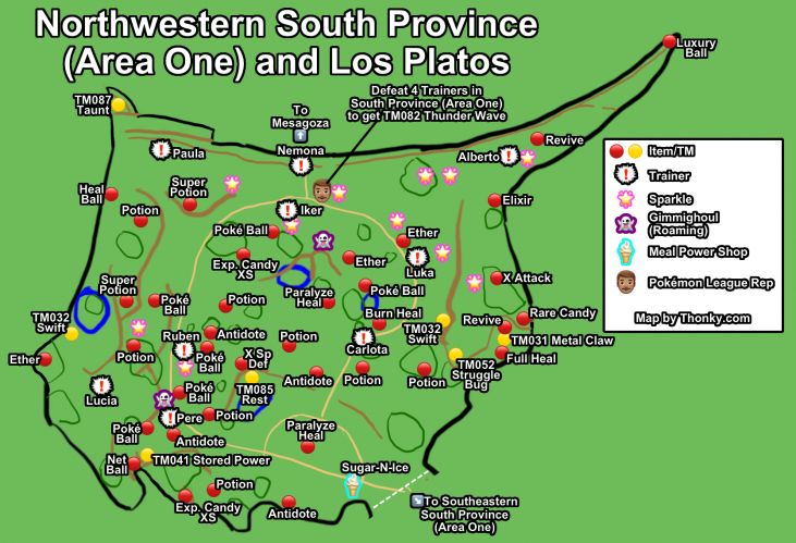 A map of Los Platos and the northwestern part of South Province (Area One) in Paldea, the region where Pokémon Scarlet and Violet take place.