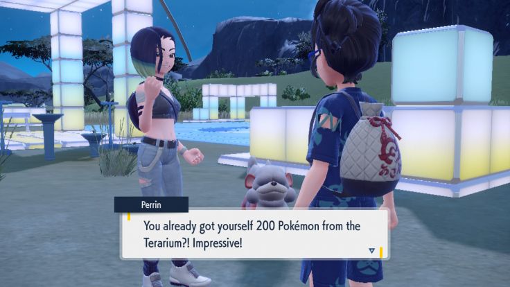 After you catch 200 pokémon in the Blueberry Pokédex, talk to Perrin to get some interesting information.