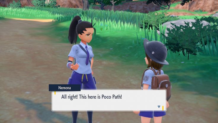 Nemona greets you at Poco Path, where you will learn how to catch wild Pokémon.