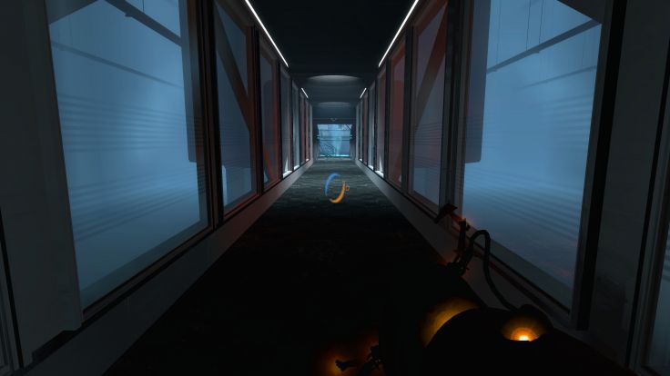 You discover a particle field at the end of a long hallway in the depths of the Aperture Science building.