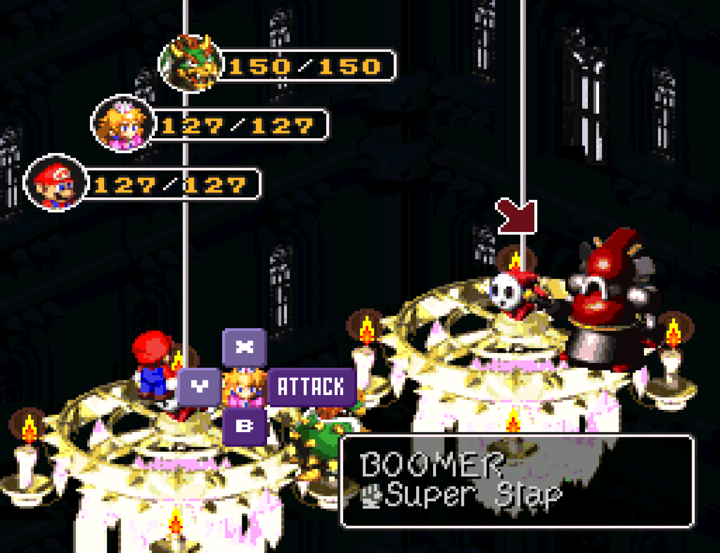 After you defeat Magikoopa and buy new armor from Croco, you continue to the throne room, where you battle Boomer. After you defeat Magikoopa and buy new armor from Croco, you continue to the throne room, where you battle Boomer.