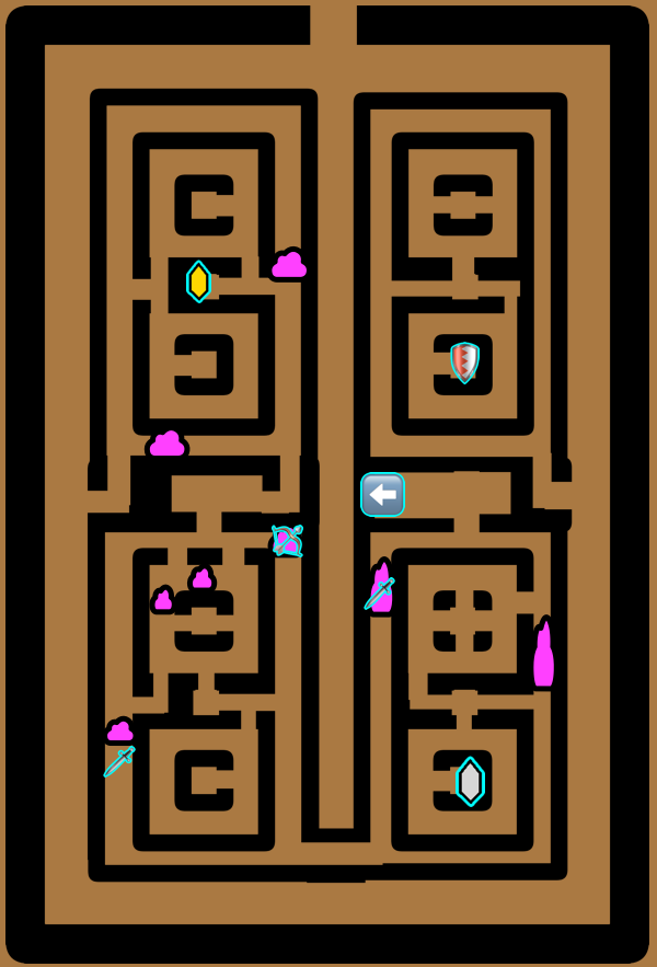 A map of South Lomei Labyrinth in The Legend of Zelda: Breath of the Wild, showing hidden passages and treasures