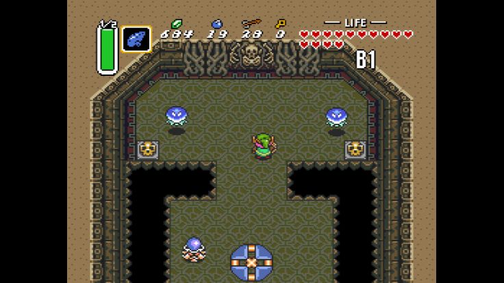 Link arrives in a room of the Skull Woods dungeon in the Dark World.