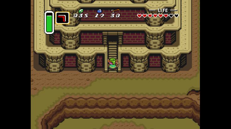 Link climbs the stairs that lead into the Tower of Hera atop Death Mountain.