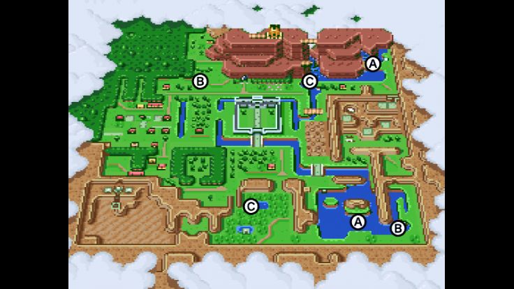 A map of the whirlpool waterways in the Light World in The Legend of Zelda: A Link to the Past.