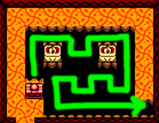 Push the block this way to cover the tiles and get the Nightmare's Key in Turtle Rock in The Legend of Zelda: Link's Awakening