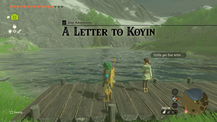 Koyin, at the farm on the hill in Hateno Village, needs to reach the message bottle that is floating in the middle of the pond.
