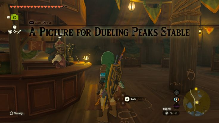Tasseren at Dueling Peaks Stable would like to paint a picture of Hyrule's finest sunrise, which he says you can see from the top of Tuft Mountain.