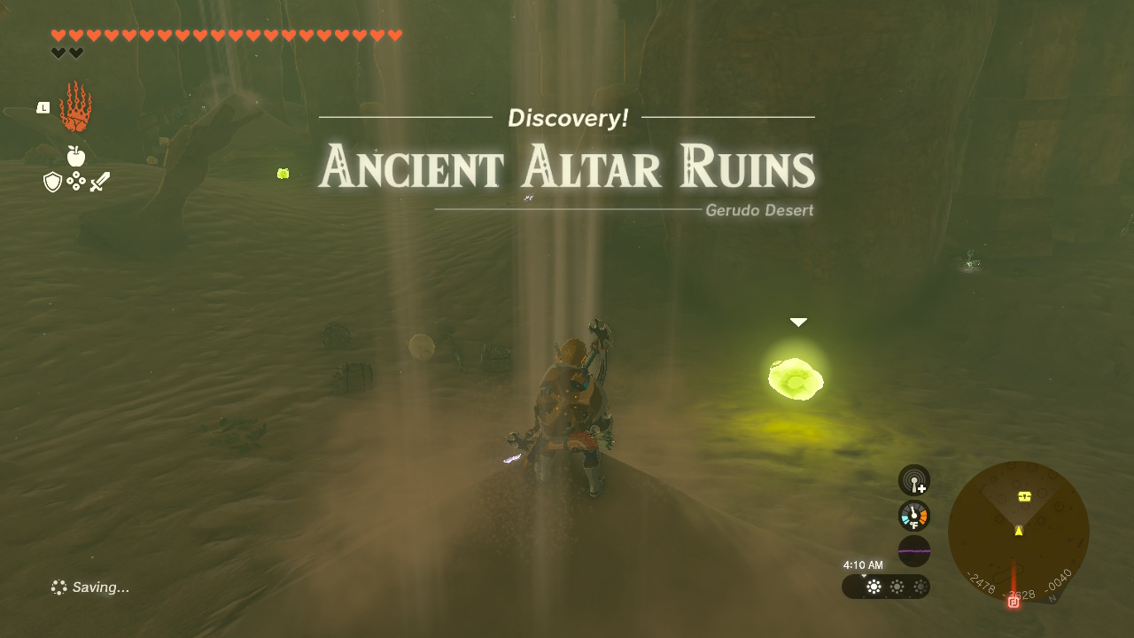 The Ancient Altar Ruins are beneath the sand whirlpools in the southeastern part of the Gerudo Desert. The Ancient Altar Ruins are beneath the sand whirlpools in the southeastern part of the Gerudo Desert.
