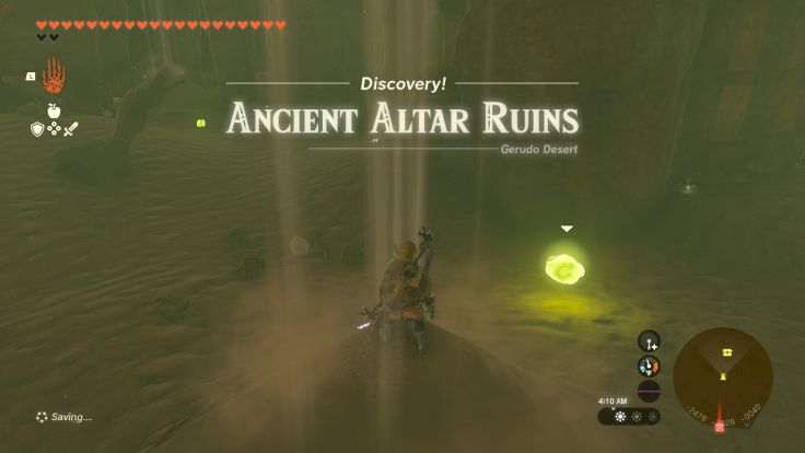 The Ancient Altar Ruins are beneath the sand whirlpools in the southeastern part of the Gerudo Desert.