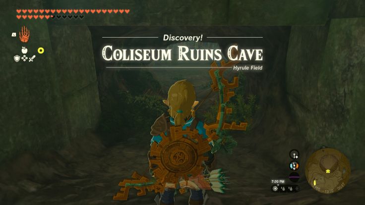 Coliseum Ruins Cave is southwest of Hyrule Field Skyview Tower in the southern part of Coliseum Ruins.
